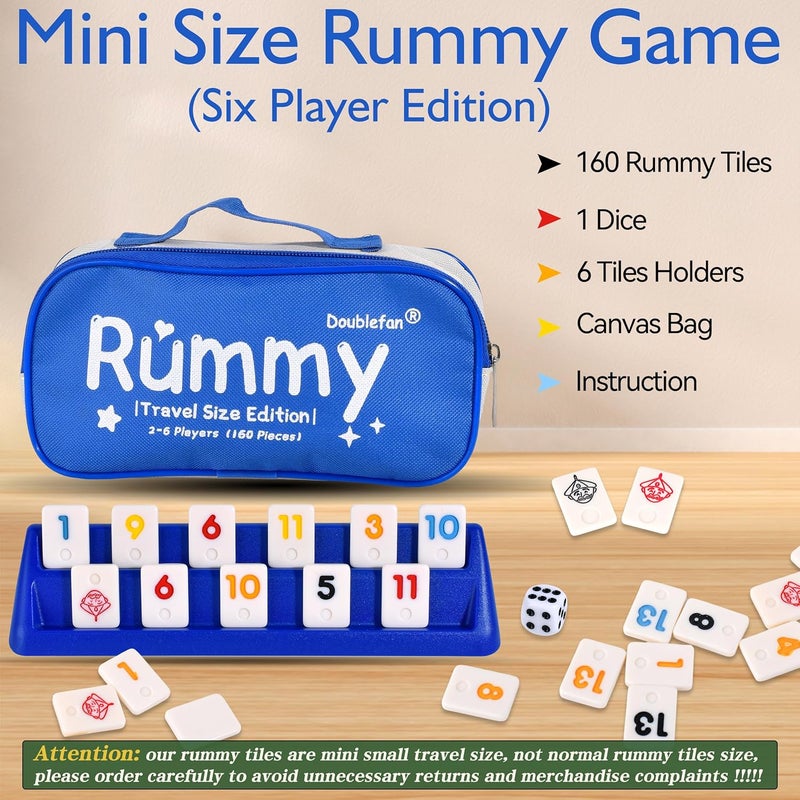 Doublefan Mini Rummy Cube Game, Mini Size Rummy Set with Portable Canvas Bag, Small Travel Board Game for Adult and Kids,160 Tiles, 6 Playing Rack, 1 Dice (2-6 Players) - Image 2